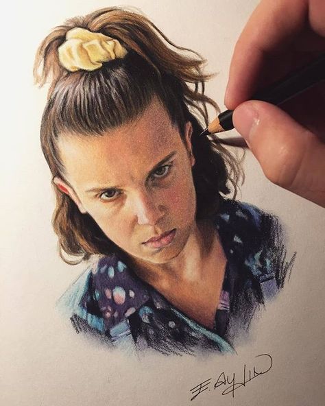 Stranger Things Eleven by Emre Aydin, emreaydin_95, Millie Bobby Brown, Season 3, fanart, fan art Prismacolor Art, Stranger Things Season 3, Stranger Things Art, Celebrity Drawings, Eleven Stranger Things, Poster Drawing, Stranger Things Wallpaper, Stranger Things Season, Stranger Things Netflix