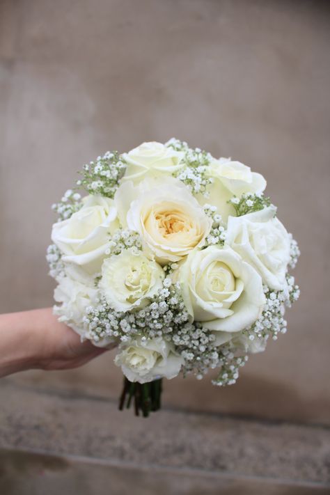 White Bouquets For Bridesmaids, Bridal Bouquet Gypsophila, White Rose Gypsophila Bouquet, Prom Flowers Bouquet White, Gypsophila And White Rose Bouquet, Gypsophila Rose Bouquet, Simple White Rose Bridal Bouquet, White Wedding Bouquets Bridesmaid, White Rose And Gypsophila Bouquet