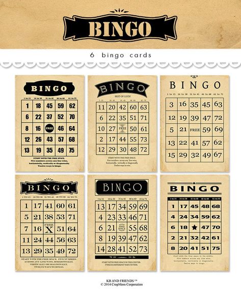 Printable Vintage Bingo Cards for Crafts / black, tan bingo cards / decorative ephemera cards in 3 sizes: 5" by 7", 4" by 6", 3" by 4 Vintage Bingo Cards, Printable Bingo Cards, Ephemera Cards, Bingo Party, Scrapbook Graphics, Bingo Night, Bingo Cards Printable, Poker Tournament, Printable Downloads