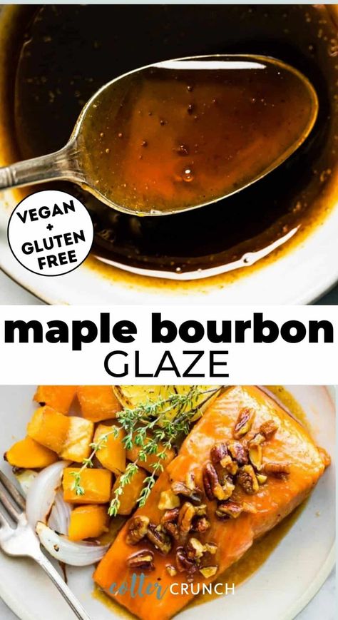 Homemade Maple Bourbon Glaze comes together with just a handful of natural ingredients in a matter of minutes! Use it to make salmon, ham, pork, chicken, carrots, sweet potatoes and desserts (pears or ice cream!)! This maple bourbon glaze is made with simple, lower-sugar ingredients (sugar free with Lakanto) and couldn’t be easier to make. Add 1 teaspoon of vanilla extract if you plan on using this glaze for dessert recipes! Bourbon Maple Glaze, Bourbon Dessert, Maple Bourbon Glaze, Carrots Sweet, Maple Syrup Glaze, Gluten Free Entrees, Chicken Carrots, Weekend Meal Prep, Salmon Glaze Recipes