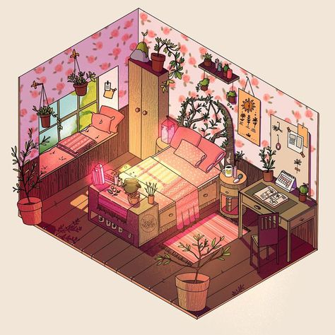 ♡Ruxandra♡ on Instagram: “Sage’s bedroom 🌿 I decided to give isometric art a try with this cozy room design⭐️” Isometric Illustration Room, Room For Shifting, Cozy Room Design, Isometric Rooms, Procreate Designs, Isometric Room, Bedroom Illustration, Windows To The Soul, Bedroom Drawing