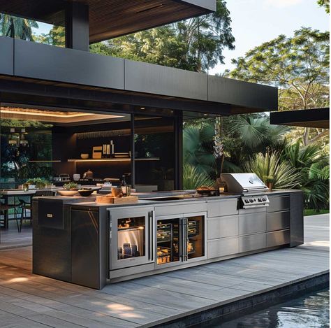 Indoor Outdoor Kitchen Design, Parilla Grill Outdoor Kitchens, Bbq Interior Design, Outdoor Commercial Kitchen, Bbq Kitchen Ideas, Outdoor Kitchen Cabinets Ideas, Outdoor Kitchen Black, Modern Laundry Room Decor, Boho Modern Bedroom