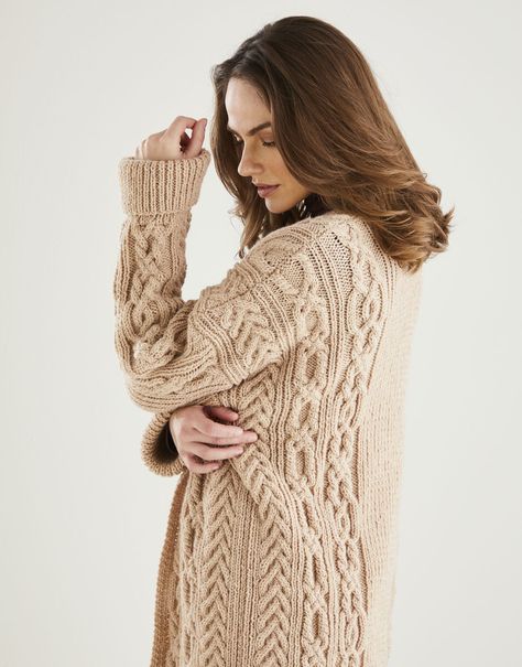 Longline Edge to Edge Cardigan In Hayfield Bonus Aran | Sirdar Knit & Crochet Yarn Pattern | Sirdar Ladies Shirt Design, Cardigan Sweater Pattern, Ladies Knitting Patterns, Knit Long Cardigan, Aran Cardigan, Women Long Cardigan, Long Sweaters Cardigan, Cardigan Pattern, Sweater Pattern