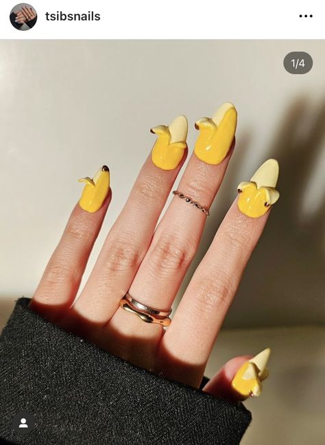 Maximalist Nails Almond, Maximalism Nails, 3d Nail Designs Acrylics, 3d Nails Design, Nymphia Wind, Banana Nails, Maximalist Nails, Fruit Nails, 3d Nail Designs