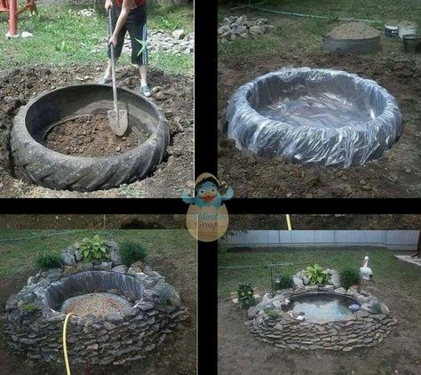 Pond made of tractor wheel. Garden Ideas Homemade, Tire Garden, Taman Air, Diy Pond, Fish Ponds, Ponds Backyard, Fairy Garden Diy, Fish Pond, Diy Backyard