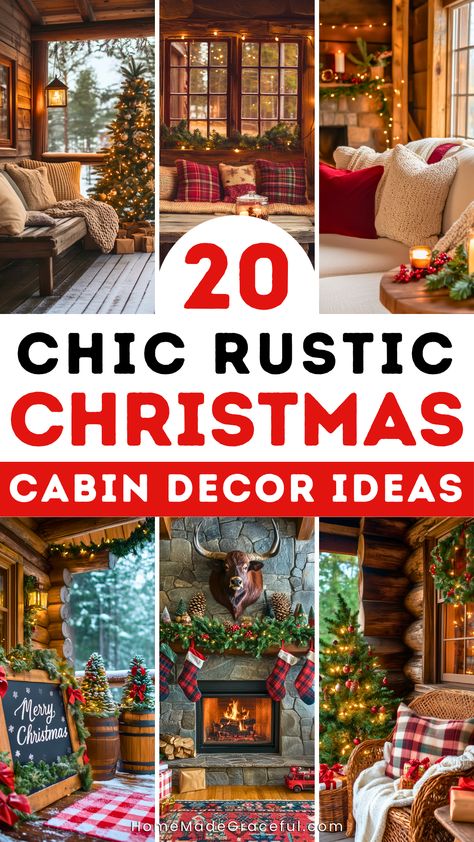 Discover 20 ways to transform your log cabin into a cozy holiday retreat with rustic Christmas decor ideas. From charming living room setups with plaid throws to dreamy bedroom designs with festive bedding, we cover every corner—kitchen, bathroom, and even the front porch! Explore vintage aesthetics, DIY projects, and snowy outdoor decor that embrace the warmth of winter in the woods. Perfect for creating a lodge-like, mountain-inspired Christmas vibe! Rustic Cabin Mantle Decor, Christmas Wood Stove Decor, Diy Rustic Cabin Decor, Cabin Christmas Decor Rustic, Log Cabin Christmas Decor, Vintage Ski Lodge Decor, Rustic Cabin Christmas, Christmas Cabin In The Woods, Cozy Rustic Cabin