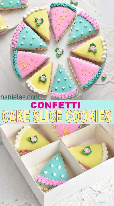 Cake Slice Cookies Decorated, Triangle Cookies Decorated, Cookie Slices Decorated, Slice Cake Decoration, Cake Cookies Decorated, Triangle Cookies, Cute Cookie Decorating Ideas, Slice Cookies, Good Protein Foods