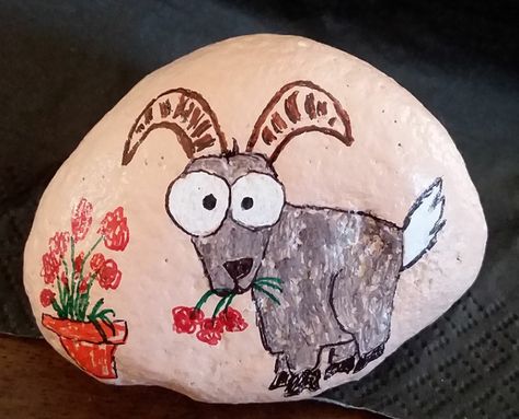 Goat Painted Rocks, Goat Rock Painting, Eating Flowers, Goat Paintings, Painted Pebbles, Idle Hands, Award Ideas, Kids Room Paint, Rocks Painted