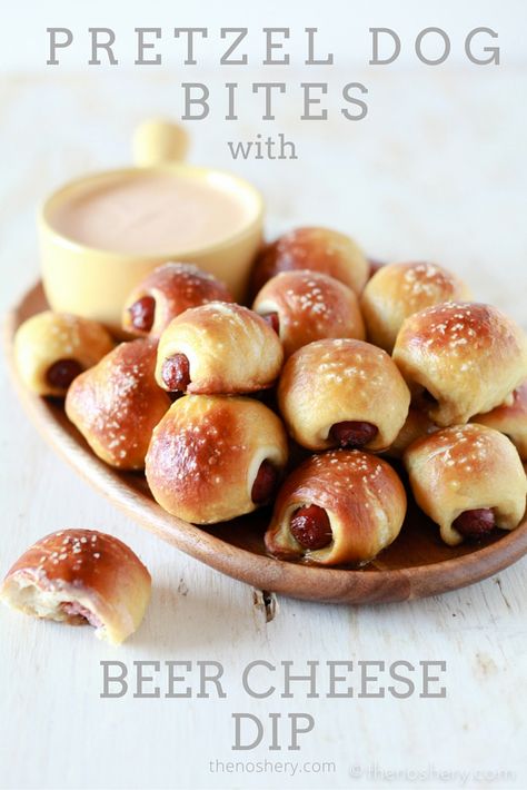 Pretzel Dog Bites with Beer Cheese Dip - TheNoshery.com Pretzel Party, Pretzel Dog, Pretzel Dogs, Beer Cheese Dip, Homemade Pretzels, Beer Cheese, Beer Tasting, Buffalo Wings, Football Food