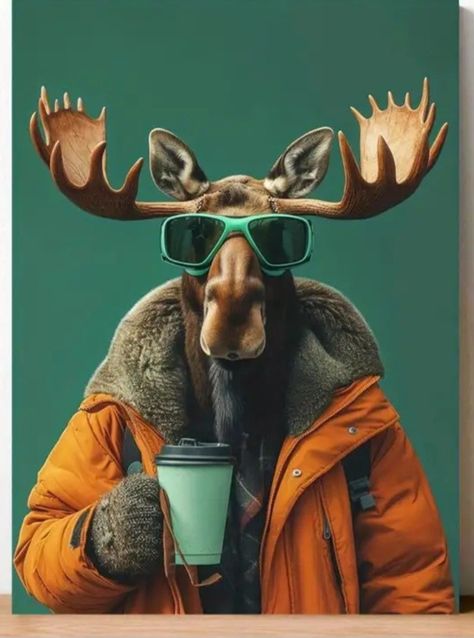 Funny Moose, Hipster Animals, Animal Dress Up, Art Parody, Social Media Design Inspiration, Funny Animal Pictures, Animated Characters, Posters Printable, Pet Portraits