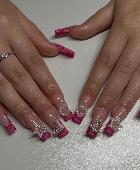 Aliyah Core Nails, Cherry Rhinestone Nails, Y2k Square Nails, Long Square Nails Ideas, Y2k Nails Red, Kali Uchis Nail Ideas, Y2k Nails Acrylic, Punk Nails, Grunge Nails