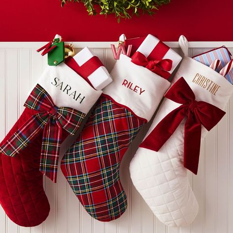 Quilted Bow Stocking | Mark and Graham Plaid Stockings, Monogram Stockings, Mark And Graham, Embroidered Monogram, Winter Design, Red Tartan, Monogram Gifts, Cotton Velvet, Make Your Mark