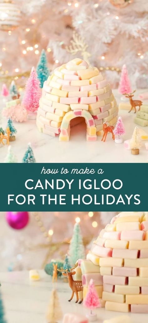 Forget the gingerbread house, make a candy igloo holiday decoration! This cute igloo just uses one type of candy and a simple trick to make it all stick together. Hi-Chew candy makes the perfect igloo bricks. Try this sweet holiday decor idea with your kids, girlfriends, or family! Rice Krispie Gingerbread House, Gingerbread House Alternative, Homemade Gingerbread House, Gingerbread House Candy, Cool Gingerbread Houses, Cookie Birthday Party, Gingerbread House Parties, Gingerbread Party, Types Of Candy