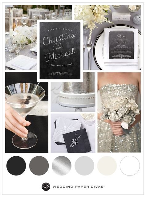 Black White And Grey Wedding Ideas, Black And Grey Wedding Theme, Silver Color Combinations, Oxblood Wedding, Black And Grey Wedding, Silver And Black Wedding, Wedding Colors Black, Silver Palette, Silver Weddings