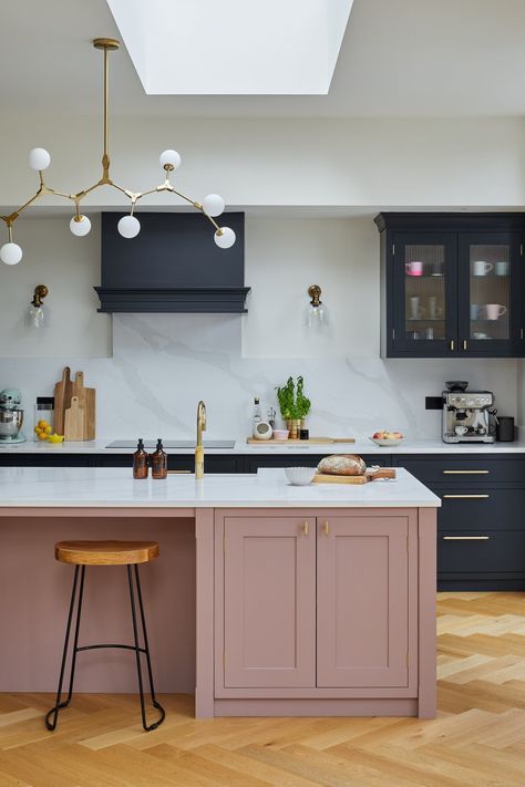 Pink Kitchens, Herringbone Kitchen, Kitchen Colours, Cabinet Designs, Pink Furniture, London Kitchen, Kitchen Interiors, Kitchen Design Plans, Kitchen Extension