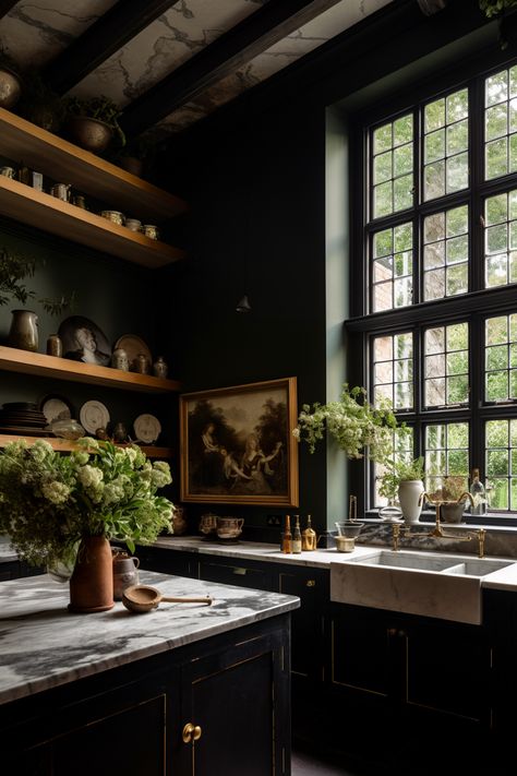 Kitchen Ideas Dark Academia, Green Stained Kitchen Cabinets, 1800s Kitchen, Moody Kitchen, Vacation House Plans, Classy Kitchen, Tiny House Kitchen, House Design Kitchen, Cozy Kitchen