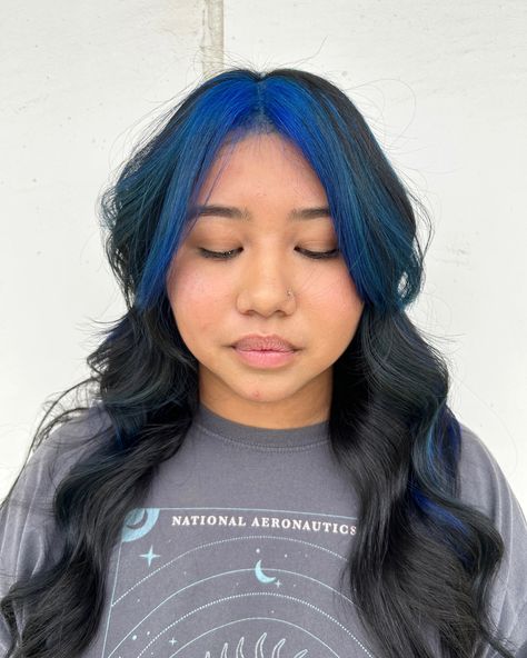 Black With Blue Money Piece, Midnight Blue Hair, Neon Hair, Hair Color For Black Hair, Hair Inspo Color, Blue Hair, Midnight Blue, Brown Hair, Black Hair