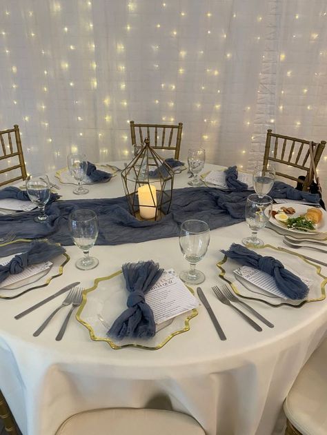 Dusty Blue Table Decor, Dusty Blue Cheesecloth Runner, Navy Blue Table Settings, Curtains Lights, Bnb Decor, Dusty Blue Table, Blue Table Decor, Cheesecloth Runner, Blue And White Table Setting