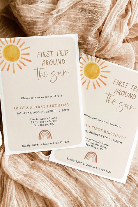 First Trip Around the Sun 1st Birthday Invitation First Trip Around The Sun, 1st Birthday Invitation, 1st Birthday Invitations, 1st Birthday Parties, First Birthdays, Birthday Invitations, 1st Birthday, The Sun, Birthday Party