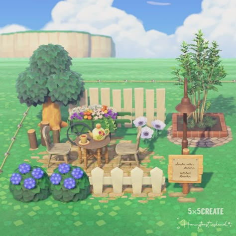 Villager Yard Ideas Acnh, Happy Island Designer Ideas, Acnh Island Fillers, Animal Crossing Island Fillers, Acnh Area Fillers, Acnh Yard Ideas Villager, Small Animal Crossing Builds, Animal Crossing Backyard Ideas, Acnh Square Ideas