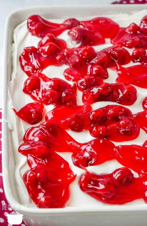 Cherries in the Snow topped with cherry pie filling recipe Cherry Pie Filling Recipes Desserts, Cherry Pie Filling Recipes, Cherries In The Snow, Snow Recipe, Delicious Strawberry Cake, Snow Cake, Strawberry Poke Cakes, Pudding Poke Cake, Cake Mix Ingredients