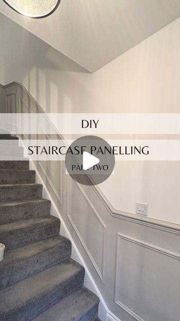 𝐉 𝐄 𝐒 𝐒 - At Home With Jess | ✨ PART 2 : DIY STAIRCASE PANELLING ✨  Ad| watch us finish our hallway using the stair wall kit (traditional style) from @roomixdiy ! We are... | Instagram Stairs Wall Panelling Design, Panelled Walls Hallway Staircases, Stair Panelling Colour Ideas, Wall Paneling Ideas For Staircase, Hall And Landing Ideas, Wood Panelling Staircase, Hall And Stairs Panelling, Up The Stairs Panneling, Diy Panelling Walls Hallways