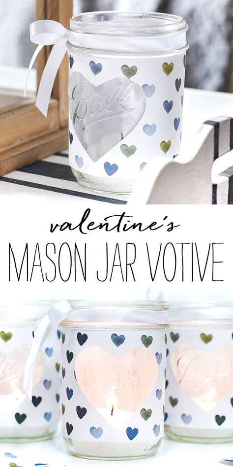 Heart Cut Out Mason Jar Votive - Easy Valentine Craft with Mason Jars and Scrapbook Paper Valentine Mason Jar, My Twenties, Easy Valentine Crafts, Painted Glass Vases, Valentine Craft, Valentines Inspiration, Small Mason Jars, Valentines Crafts, Jar Ideas