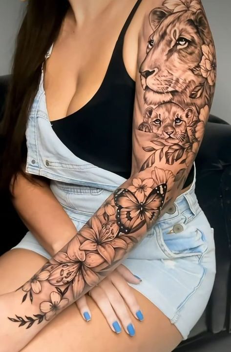 Full Hand Tattoo, Arm Sleeve Tattoos For Women, Tattoo Lion, Feminine Tattoo Sleeves, Full Arm Tattoos, Парные Тату, Arm Band Tattoo, Tatuaje A Color, Full Sleeve Tattoo