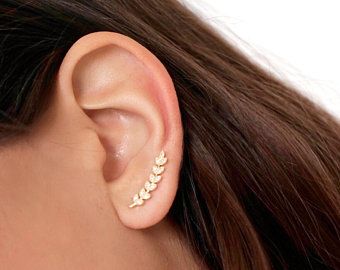 Kimberly on Etsy Double Ear Piercings, Gold Ear Climbers, Half Moon Earrings, Ear Crawler, Branch Earrings, Ear Crawlers, Ear Climbers Earrings, Estilo Real, Hammered Hoop Earrings