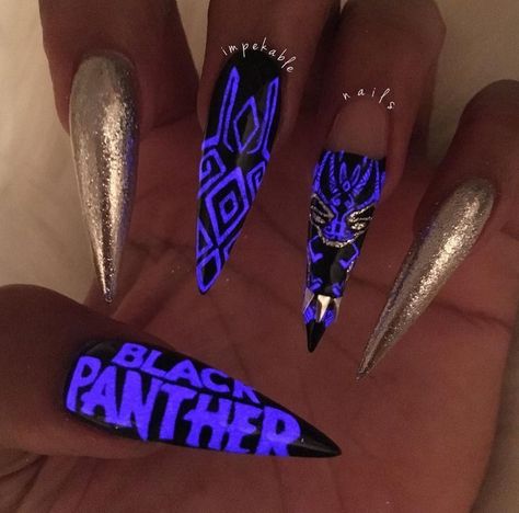 Panthers Nails, Avengers Nails, Marvel Nails, Black Nail Art, Glow Nails, Luxury Nails, Bling Nails, Cute Nail Designs, Dope Nails