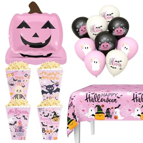 AIBIIN Pink Halloween Party Decorations for Girl Pumpkin Paper Plates Halloween Tableware Popcorn Box Balloons Set Halloween Baby Shower Booday Party Supplies Halloween Girls Night Party Decorations Booday Party, Night Party Decorations, Halloween Girls Night, Halloween Dinnerware, Pink Halloween Party, Halloween Tablecloth, Ghost Party, Halloween Party Decorations, Girls Night Party