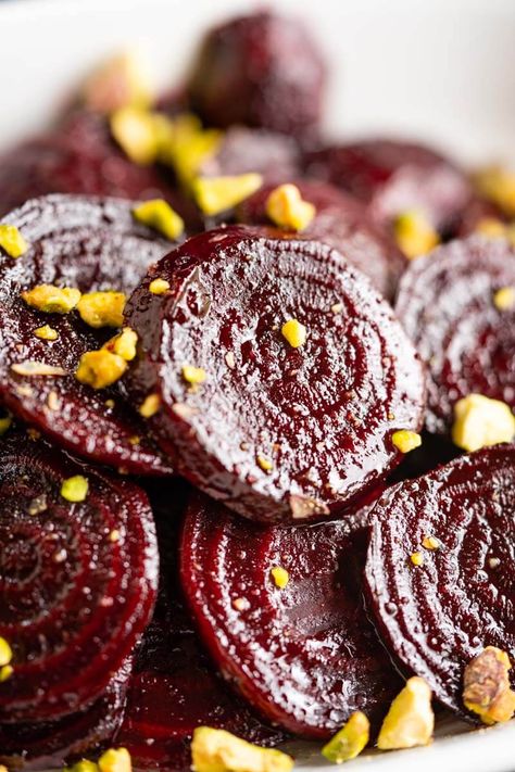 Honey Oven Roasted Beets are sweet with a nutty pistachio crunch. This easy beet recipe makes a beautiful side dish or salad topper in under 15 minutes. Honey Roasted Beets, Pistachio Crunch, Roasted Beets Recipe, Roasting Beets In Oven, Beets Recipe, Beet Recipes, Roasted Beets, Honey Roasted, Veggie Sides