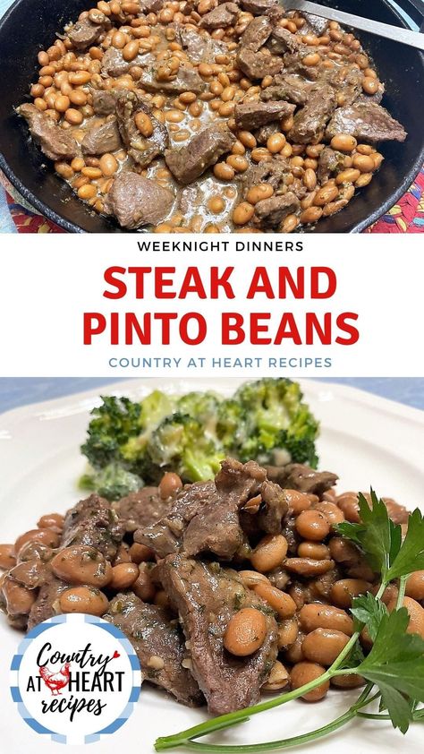 Steak And Beans Recipe, Recipes Main Dishes, Pinto Bean Recipes, Chopped Steak, Quick And Easy Meals, Heart Recipes, Round Steak, Loving Husband, Beef Tips