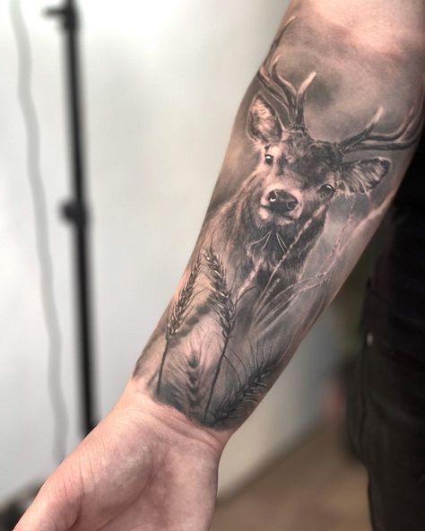 Dear Tattoo Design For Men, Wildlife Tattoo Ideas, Buck Tattoo For Men, Hunting Sleeve Tattoo For Men, Buck Tattoo Men, Wildlife Tattoo Sleeve, Deer Tattoo Men, Stag Tattoo Design, Deer Hunting Tattoos