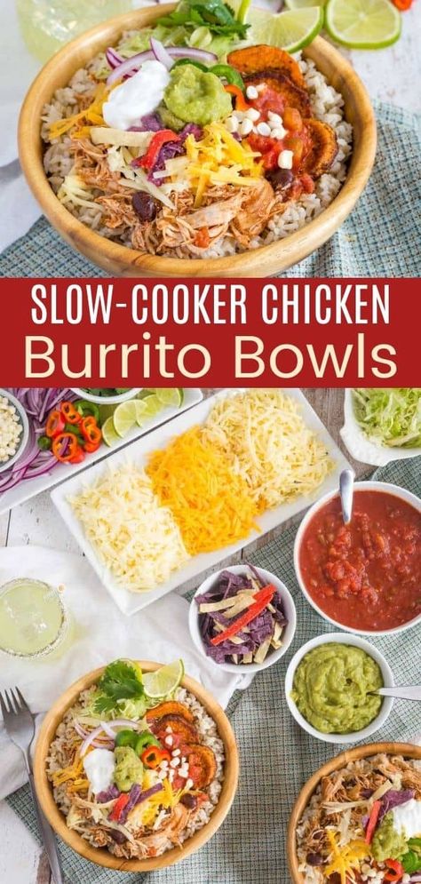 Crockpot Chicken Rice Bowl, Crockpot Burrito Chicken, Mexican Chicken Rice Bowl, Crockpot Chicken Fajitas With Rice, Crock Pot Burrito Bowl, Shredded Chicken Taco Bowl, Burrito Bowl Crockpot, Crockpot Burrito Bowl, Healthy Crockpot Burrito Bowl