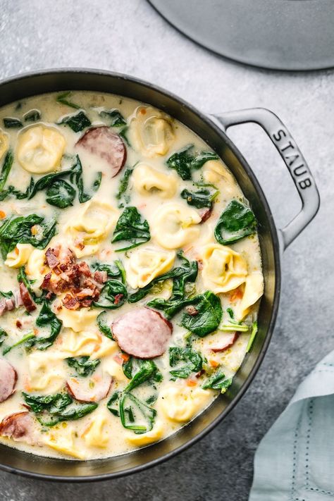 Tortellini Soup With Kielbasa, Tortellini Soup With Cream Cheese, Soup With Kielbasa, Tortellini Soup Crockpot, Soup With Cream Cheese, Cream Cheese And Spinach, Crock Pot Tortellini, Creamy Tortellini Soup, Spinach Tortellini Soup