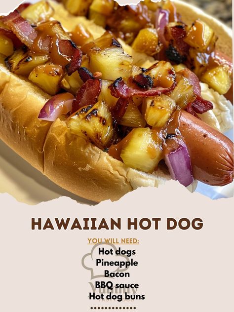 Hot Dog Bbq Sauce, Hawaiian Hot Dogs, Hawaiian Hot Dogs Recipe, Recipes Using Hot Dogs, Italian Hot Dog, Cook Hot, Hot Dog Recipe, Bacon Bbq Sauce, Hawaiian Recipes