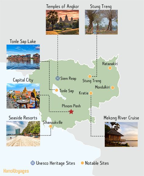 Planning to travel around Cambodia but not sure where to go? We have compiled the best, most-recommended places to visit in Cambodia. Click on our map and find out! Cambodia Food, Cambodia Map, Cambodia Beaches, Travel Cambodia, Tonle Sap, Cambodia Travel, Siem Reap Cambodia, Seaside Resort, Siem Reap