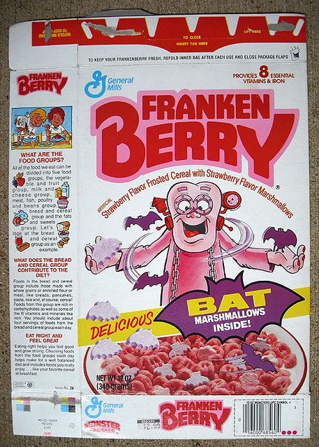 FrankenBerry Cereal (1987 box) Frankenberry Cereal, Cereal Food, Cereal Mascots, Cereal Characters, Monster Cereal, Card Reference, Count Chocula, Vintage Cereal Ads, Cereal Nostalgia