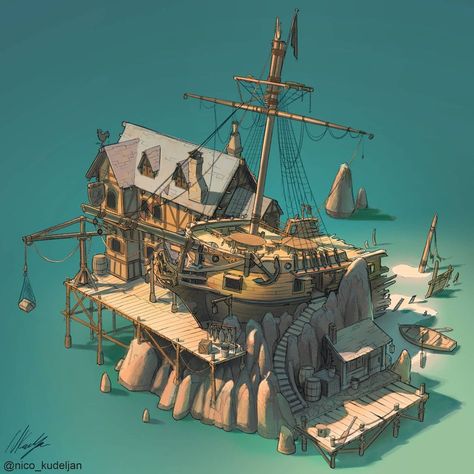 Nicolas Kudeljan on Instagram: “This is the Tilted Tavern Inn, a renowned hangout spot for pirates. #pirate #pirates #tavern #piratesofthecaribbean #caribbean…” Pirate City, Hangout Spot, Sea Of Thieves, Beyond The Sea, Building Concept, Fantasy Concept Art, Pirate Ship, Pirates Of The Caribbean, Sailing Ships