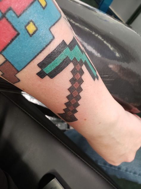 Pickaxe Tattoo, Minecraft Pickaxe, Tattoo Leaf, Minecraft Tattoo, Leaf Tattoo, Patchwork Tattoo, Girl Stuff, Leaf Tattoos, Maple Leaf Tattoo