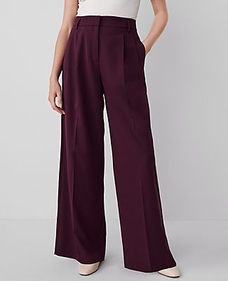 This flattering pant features an easy fit through the thigh and front pleats for extra ease of movement. Front zip with double hook-and-bar closure. Belt loops. Front pleats. Front on-seam pockets. Back besom pockets.,Leg Shape:Leg Shape: Wide Leg – a modern must-have with a statement leg and flattering high waist,Rise:High rise: sits 1/2" to 1" below natural waist,Imported:Imported,Fit:Fit: Relaxed & easy,Length:Full length: 32" inseam with 27" leg opening,Fabrication:73% Polyester, 20% Rayon, Plum Outfit, Plum Pants, Red Dress Pants, Dark Red Dresses, Flattering Pants, Purple Pants, Maroon Dress, Blazer And Skirt, Petite Pants