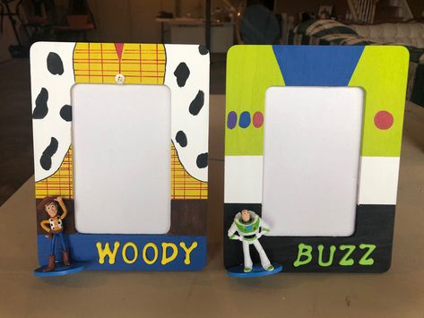 My grandson loves Toy Story and I painted these to add pics of him in his Woody and Buzz Lightyear pjs. 4x6 wooden frames from Micheals for a dollar. Action figures found at dollar tree. Diy Toy Story Room Decor, Toy Story Picture Frame, Painted Picture Frames Diy Creative, Toy Story Canvas Painting, Pixar Classroom, Toy Story Pictures, Baby Door Wreaths, Dollar Tree Toys, Toy Story Room