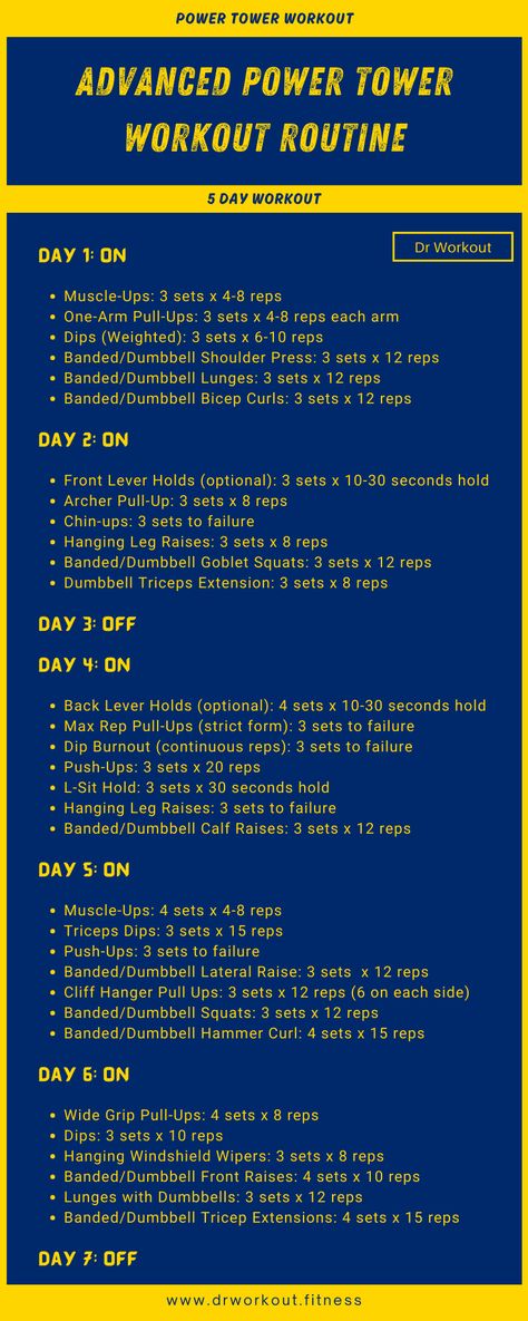 Advanced Power Tower Workout Routine Power Tower Workout, Workouts Ideas, Fitness Goals List, Dumbbell Bicep Curl, Power Towers, Army Workout, Dumbbell Shoulder Press, Hanging Leg Raises, Dumbbell Squat