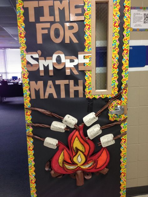 Pretty cute! Something to aspire to if I somehow am all fully organized and set by the day school starts. Math Classroom Door, Math Door Decorations, Class Room Door, Room Door Ideas, Door Decorations Classroom Christmas, Math Bulletin Boards, Camping Classroom, Math Night, Math Classroom Decorations