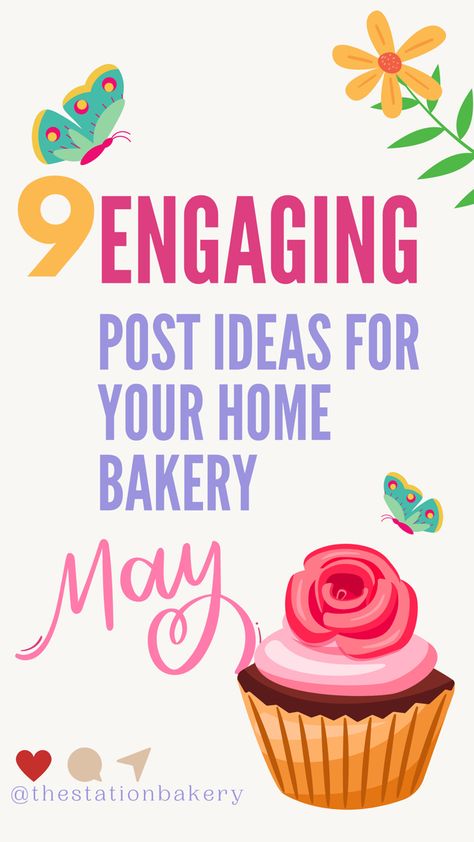 Text that says 9 engaging post ideas for your home bakery. Cupcake with pink frosting, turquoise butterfly and a yellow flower. School Nurse Appreciation, Instagram Content Ideas, Smooth Buttercream, Graduation Treats, Home Bakery Business, Online Bakery, Student Christmas Gifts, Cookie Business, Baking Business