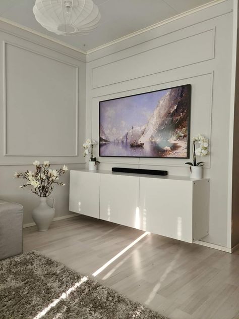 Panelled Walls With Tv, Panelled Walls Living Room Tv, Panelled Tv Wall, Condo Style, Panelled Walls, Wall Molding Design, Tv Room Design, Furniture Details Design, Small Living Room Decor