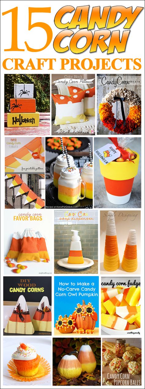 15 candy corn craft projects. LOVE these ideas for Halloween or Fall time!! Candy Corn Craft, Party Themes For Kids, Corn Craft, Candy Corn Crafts, Halloween Goodies, Theme Halloween, Halloween Recipes, Fall Holidays, Halloween Projects