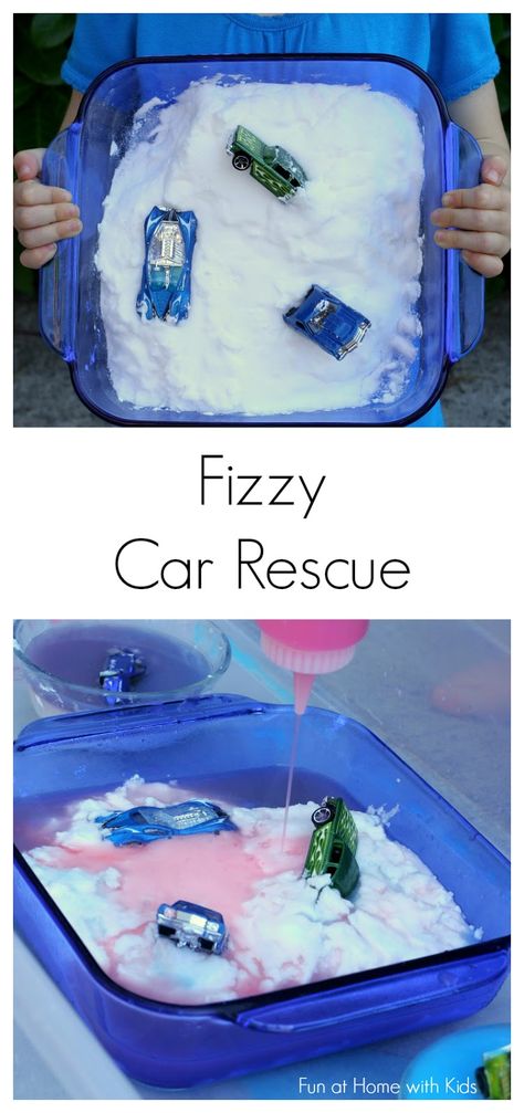 Vinegar-Free Fizzy Car Rescue! from Fun at Home with Kids Transportation Activities, Car Activities, Transportation Preschool, Home With Kids, Transportation Theme, Preschool Science, Sensory Bin, Toddler Fun, Preschool Fun