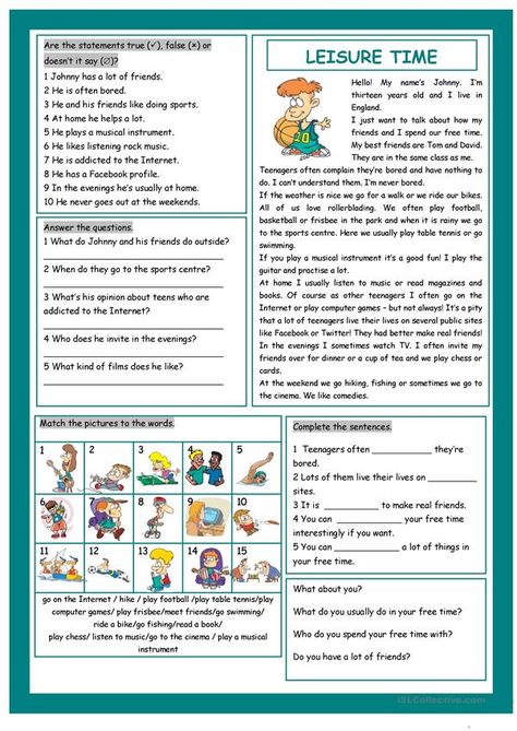 Third Grade Reading Worksheets, Ingles Kids, Presente Simple, Esl Reading, Free Time Activities, Middle School Activities, Simple Present Tense, Comprehension Exercises, Simple Present